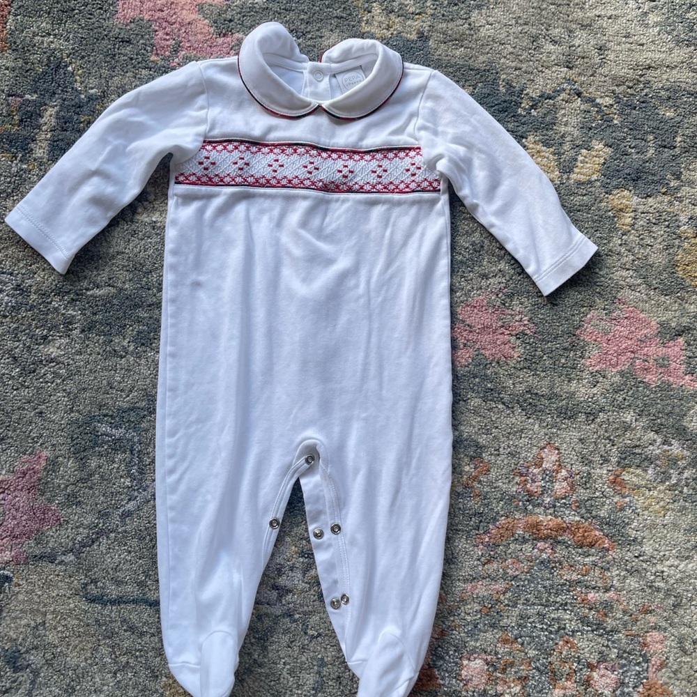 Pepa London Baby White Snap Onesie with Red Plaid Smocking & Trim, Sz 9 months